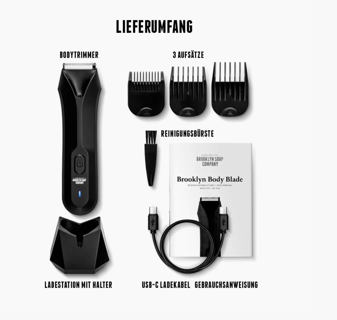 Brooklyn Soap Body Blade - Präziser Trimmer für Männer, sanfte L-Klinge für sensible Zonen, wasserdicht, LED-Spotlight, 90 Min Akku, 3 Kammaufsätze, USB-C-Ladestation
