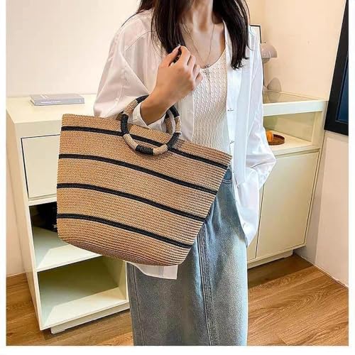 Image of Eiyye Large Woven Tote Bag for Women Straw Tote Bag Woven Stripe Handbag Travel Vacation Purse for Shopping Picnic Work