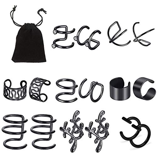 8 Paires Clips d'oreille en Acier Inoxydable, Vibury non Piercing Clip sur les Boucles d'Oreilles Cartilage Fausse Oreille Manchette pour Hommes Femmes (Noir)