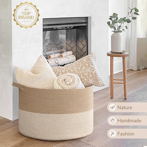 Image of INDRESSME 115L Extra Large Woven Baskets for Storage, Wicker Basket for Living Room Decor Laundry Baskets for Blankets Clothes Pillows Towel Shoe Basket for Entryway, White & Jute
