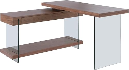 Moderno escritorio giratorio de vidrio y madera con cajones y estante