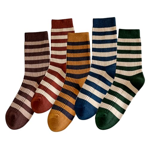Image of 5 Pairs Vintage Style Colorful Striped Socks for Women, Cute Athletic Crew Socks