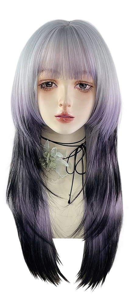 VVRPWASSLY Japanese Jellyfish Head Wig Silver Purple Black Ombre Wig Long Straight Layered Hair Synthetic Hairpiece