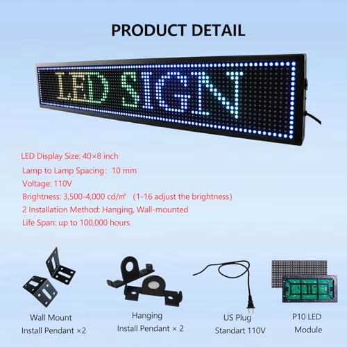 Image of P10 Programmable LED Sign Outdoor, RGB Full Color Scrolling LED Sign with 4000CD /㎡ High Brightness, WIFI Control Open Welcome Led Digital Display for Business Advertising, Store, 40 inchx 8 inch