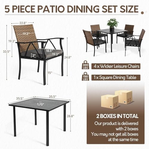Image of 5-Piece Patio Dining Set for 4, Outdoor Dining Set with 4 Wicker Patio Dining Chairs with Cushions & 1 Black Square Woodgrain Dining Table with 1.75 inch Market Umbrella Hole, Black & Brown