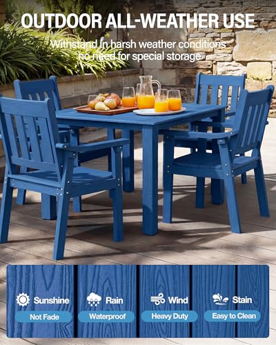 Image of YEFU HIPS Patio Table Set: 5 Piece Outdoor Square Table and Chairs with Metal Aluminum Frame - Blue Modern Plastic Patio Dining Furniture Set 4 Person for Outside Deck
