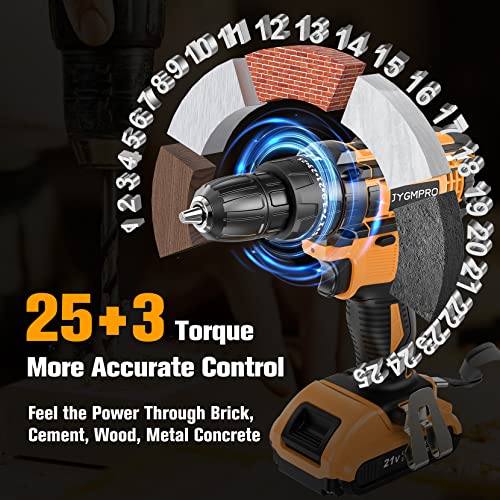 JYGMPRO Akkuschrauber 21V, Akku Bohrschrauber mit 2 Akkus 2.0Ah, 42Nm Akku Bohrmaschine, 2 Gang, 25+3 Drehmomentstufen, 10mm Bohrfutter, LED Licht, 30tlg Zubehöre Set für Haus und Garten DIY Projekt – Bild 4