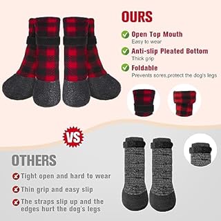 BEAUTYZOO Waterproof Dog Socks to Prevent Licking Paws, Christmas Dog Socks for Hardwood Floors Anti Slip, Puppy Boots with Grippers for Small Medium Large Senior Dogs, Red Black Plaid, XL