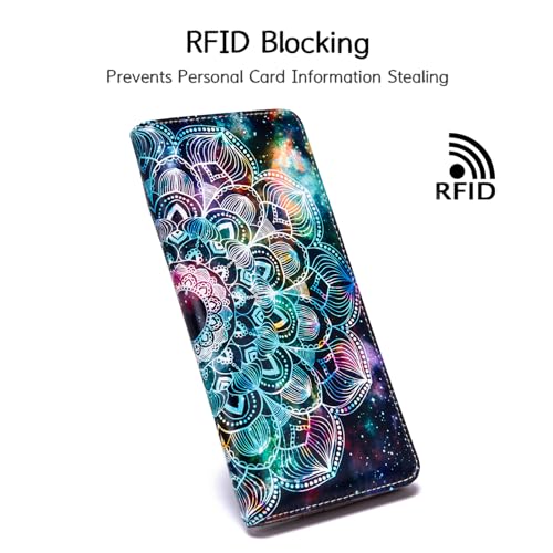 Image of Ultra Slim Thin Leather Women Wallet Rfid Blocking Credit Card Holder Bifold Clutch (Mandala in the Galaxy)