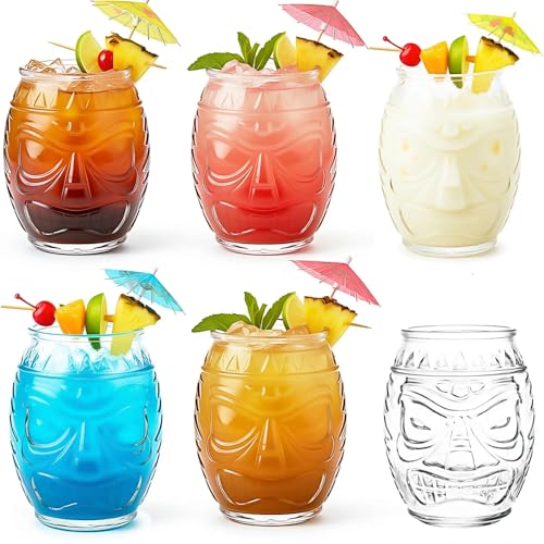 TOPZEA 6 Pack 16 Oz/450 ML Modern Bar Tiki Glass Mug Clear Tiki Glasses Cups Double Face Old Fashioned Mixed Cocktail Mugs for Mai Tai Pina Colada Punch Hawaiian Luau Halloween Party Drinkware