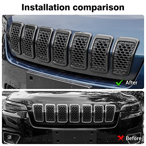 Image of JeCar Grille Inserts ABS Grill Cover Trim Kit Compatible with Jeep Cherokee 2019-2021 KL, Carbon Fiber Texture