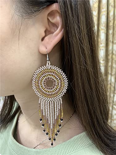 Handmade Long Fringe Drop Dangle Statement Earrings for Women Girls Acrylic Boho Ball Beads Round Hoop Tassel Chain Beaded Woven Chandelier Tribal Exaggerated Dream-catcher Ear Piercing Hook Jewelry3