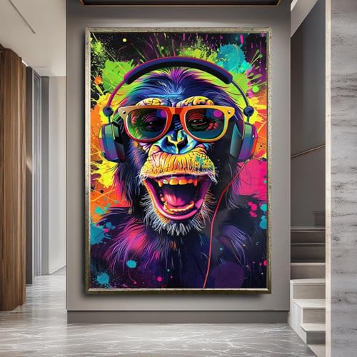 Tableau sur toile singe écoutant de la musique cadre 30x40cm