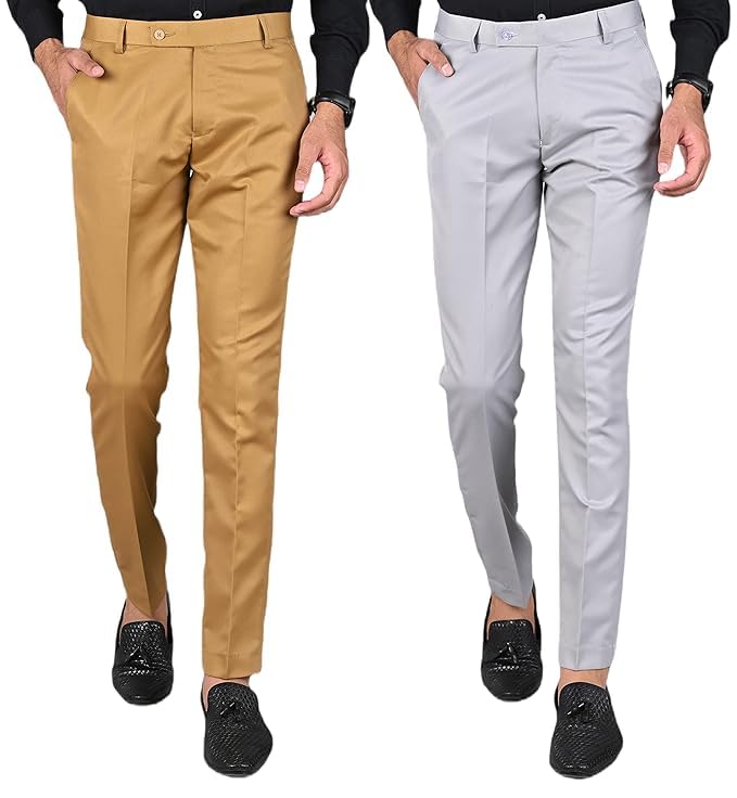 Men's Slim Fit Formal Trousers, Khaki and Light Grey, Pack of 2-picture-34