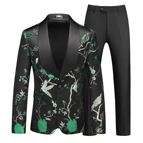 MOGU Mens 3 Piece Suit Slim Fit Tuxedo Floral Print Jacket Vest Pants Set for Wedding Prom Dinner