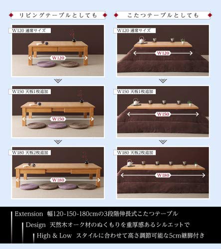 Amazon.co.jp : 長方形(80×120～180cm)天然木オーク材伸長式こたつ  