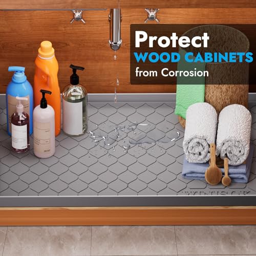 Silicone Under Sink Mat 28" x 19", Kitchen Essentials and Gadgets, Shelf Liner and Cabinet Protector, Home Organizers and Storage, Waterproof Bathroom Tray