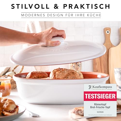 Foto von Römertopf Brottopf weiß 6,5 Liter – ovaler Brotbehälter aus natürlicher Keramik mit Deckel – zur Aufbewahrung von Brot, Brötchen, Obst & Gemüse – atmungsaktiv & spülmaschinengeeignet