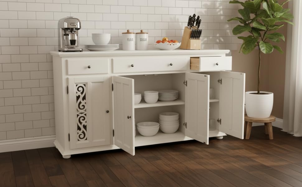 Image of APRODZ Solid Wood Sideboard Cabinet for Living Room | Wooden Storage Cabinet with 3 Drawers & 3 Doors | Kitchen Crockery Cabinet | Drawer Cabinet for Dining Room Bedroom & Home | 161x35x79 cm,White