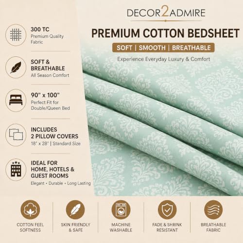 Image of DECOR2ADMIRE 400 TC Cotton Bedsheet with 2 Pillow Covers, Premium Damask Self Design Bed Sheet for Double Bed (Green, Double King)