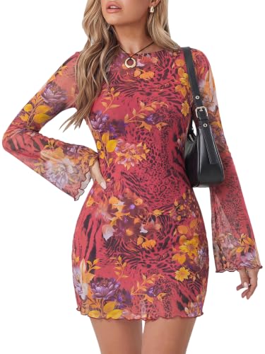 Image of Milumia Women's Leopard Print Mini Dress Y2k Bell Long Sleeve Cheetah Short Dresses Going Out Party Clubbing Outfits