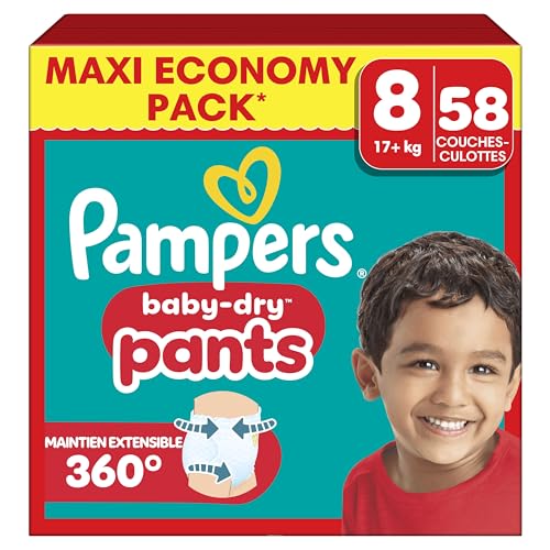 Pampers Baby Dry Pants Taille 8, 58 Couches-Culottes, 17kg+, Maintien 360° Pour Aider À Éviter Les Bâillements et Les Fuites