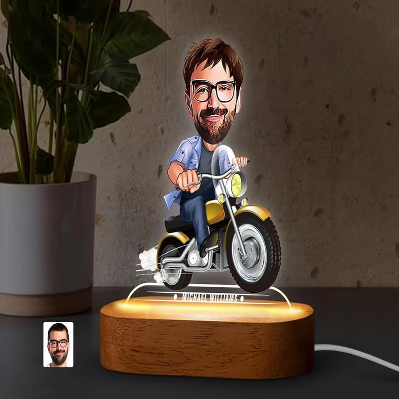 Image of THE GRANDEUR Caricature Gift for Men, Personalized LED Bike Rider Cartoon Figurine Gift for Men - Custom Name Light with Wooden Base, Birthday Gift for Him, (15 x 6 cm)