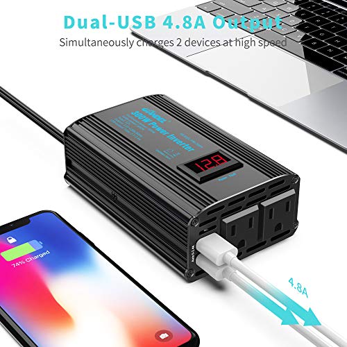 300W Power Inverter DC 12V to AC 120V Car Power Converter Adapter with 2x2.4A USB Ports and LED Display Dual AC Outlets【3YRS Warranty】