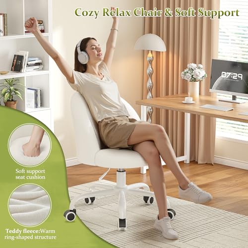Image of DurayLoly White Vanity Chair with Wheels, Cute Desk Chair with Back, Armless Chair with Height Adjustable & 360 Swivel, Soft Lumbar Support for Small Space, Bedroom