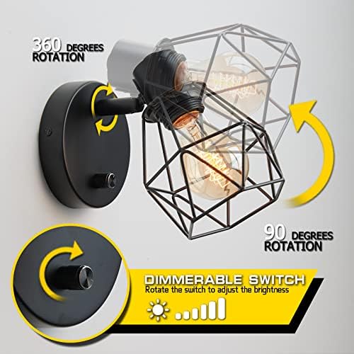 Lightess Wall Lights Industrial Dimmable with Switch Vintage Adjustable Metal Cage Wall Lamp Indoor Black E27 Lamp Holder Wall Sconce for Home Kitchen Living Room Bedroom Restaurant Hallway