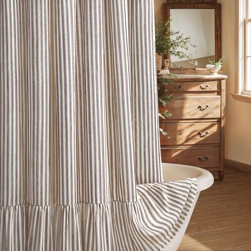 XOGUIBO Farmhouse Shower Curtain with Ruffle Hem Linen Shower Curtains for Bathroom Country Vintage Rustic Natural Fabric, Cream-Brown Stripe 72' W x 84' L