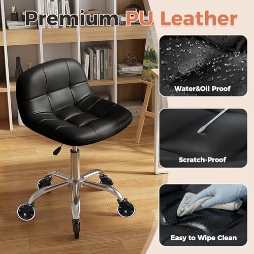Image of Rolling Stool Chair with Wheels, Height Adjustable Stool with Back Support, Office Drafting Chair with PU Leather Cushion for Home Office Kitchen Vanity Salon Garage Tattoo Dentist Esthetician(Black)