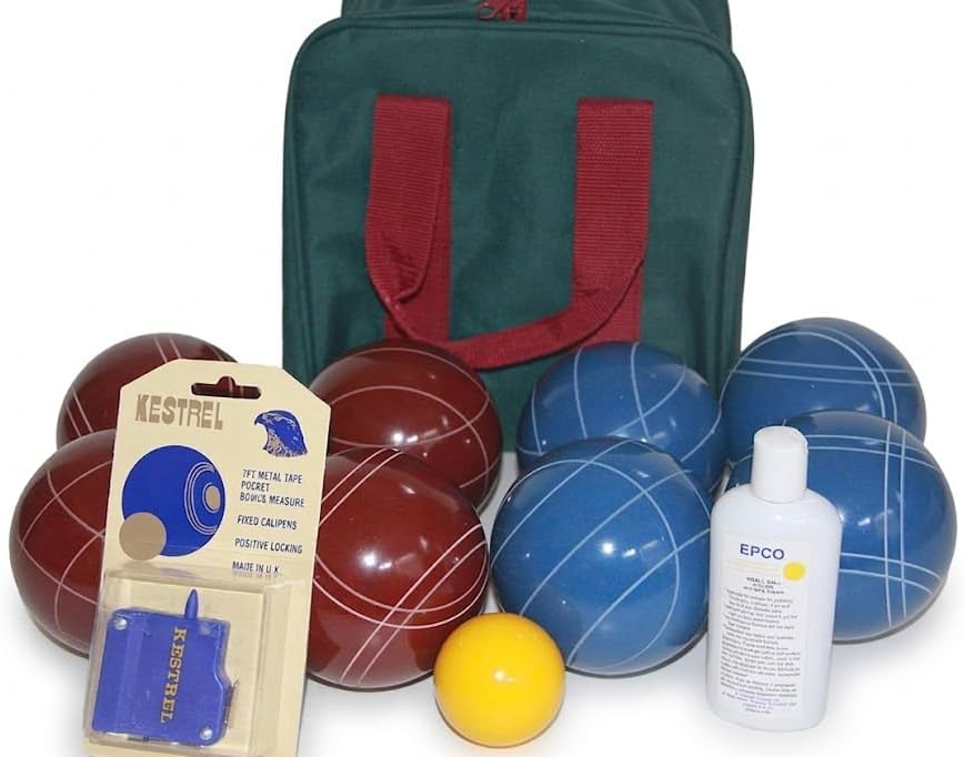 BuyBocceBalls Listing - Made in USA, Premium Quality Tournament Bocce Set - 110mm Blue and Dark Red Balls, Nylon Maroon Bag, 998 Grams (2 lbs. 3.2 oz.). Polish. Measure Device