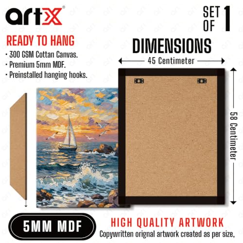 Image of ArtX Boat Canvas Painting for Vastu, Colorful Landscape Wall Art, Nature Canvas Painting, Gallery Wrapped Canvas for Living Room, Bedroom, Office Decor, 45 x 58 cms