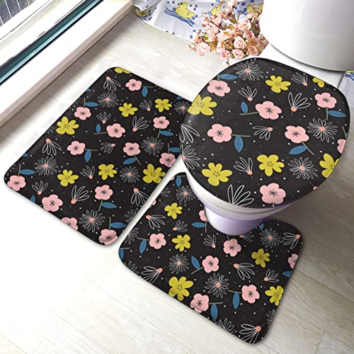 DIRYKILP Badematte + Konturmatte + Toilettendeckelbezug, süßes Blumenmuster 3 Stück Badematte Set, mit rutschfester Klebeunterseite
