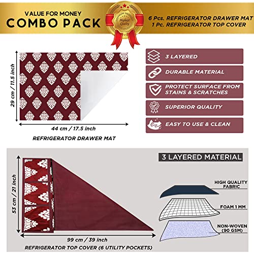 Image of Polyester 3-Layered Fridge Top Cover /Refrigerator Cover with Utility Pockets and Set of 6 Pc Fridge Mats (Color-Maroon, Size-39x21 Inch)