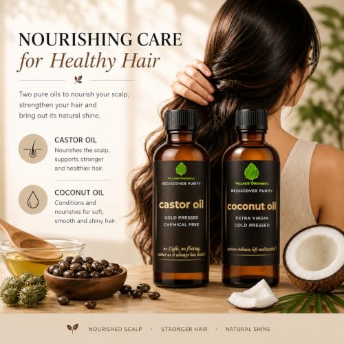Image of Cold Pressed Castor Oil & Extra Virgin Coconut Oil Combo | 100 ml Each | 100% Pure | Unrefined | Edible Grade | Hexane Free | Amber Glass Bottle | 100ml * 2