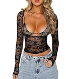 Women Long Sleeve Stretchy Mesh Top Slim See Through Crop Shirt Y2k Off Shoulder Lace T Shirts Blouse(Bb Black 2 Piece,Medium)