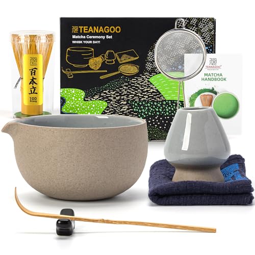 TEANAGOO Juego de té japonés (7 piezas), juego de batidor Matcha, cuenco Matcha con pico, batidor Matcha de bambú (Chasen), pala (Chashaku), juego para preparar té. N2, gris más oscuro…