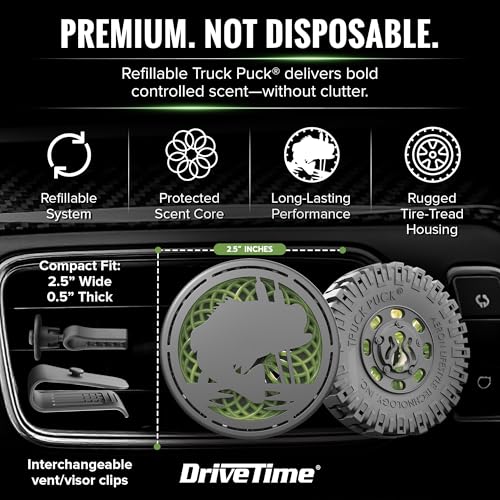Image of Drive Time Truck Puck Bamboo Rain Fragrancee Car Air Freshener - Long-Lasting Car Deodorizer, Refillable Vent & Visor Clip Auto Air Freshener for Car, Truck & SUV, Premium Fragrance, Pack of 3