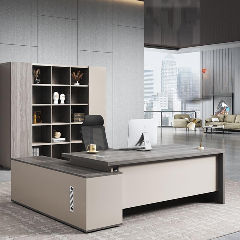 Image of Lakdi The Furniture Co Director & Boss L-Shape Office Table Luxury Executive Desk Made in Particle Board with Wire Manager 3 Drawers Lockable and Storage for a Modern Workspace - Beige Grey - LDL-609