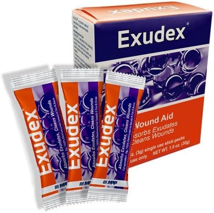 Exudex® – Advanced wound care. 100% Dextranomer powder, identical to Debrisan – 10 applications – Cleans wounds, removes debris from wet wounds ulcers and burns. Absorbs exudate, compare to Altrazeal®