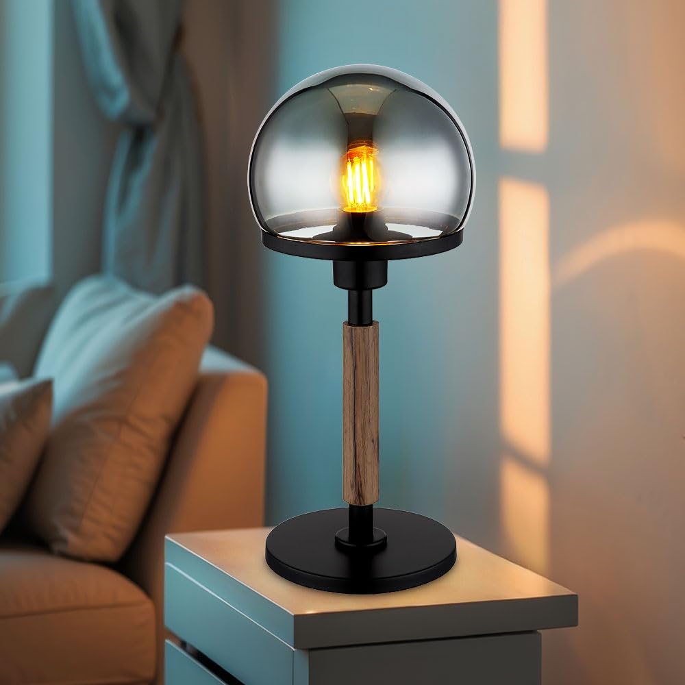Tischlampe Pilz Design Nachttischlampe Retro Tischleuchte Rauchglas Holzoptik Wohnzimmerlampe, Metall schwarz, 1x E27, DxH 18 x 40 cm