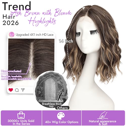 Image of Eawwii Ash Brown with Blonde Highlights Short Wavy Wig for Women Lace Hairline Bob Style Synthetic Heat Resistant - Natural Appearance for Everyday Hairstyle 14 Inch
