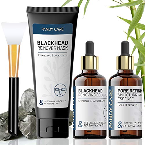 Blackhead Remover Mask, Bamboo Charcoal Peel Off Face Mask - PandyCare 4-in-1 Black Head Removal Facial Mask Kit with Blackheads Softener, Pore Refining Essence & Brush For Men Women (60ml+20ml+20ml)