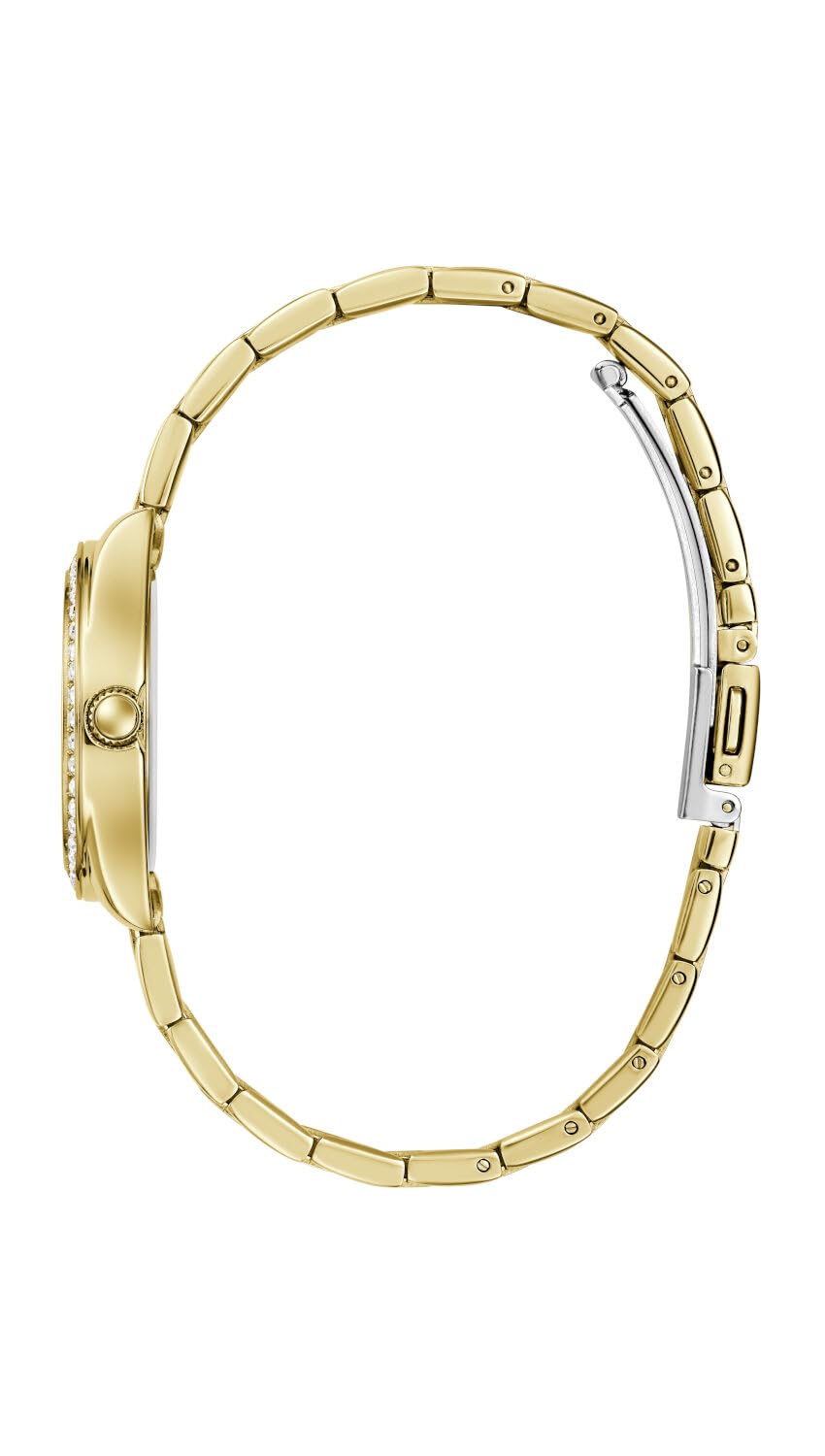 GUESS Damen Armbanduhr MINI Luna mit Zirkonia, goldfarbenes Edelstahlarmband, Mineral Glas, türkisfarbenes Ziffernblatt, 3 Bar, Gehäusedurchmesser: 30 mm, GW0841L5