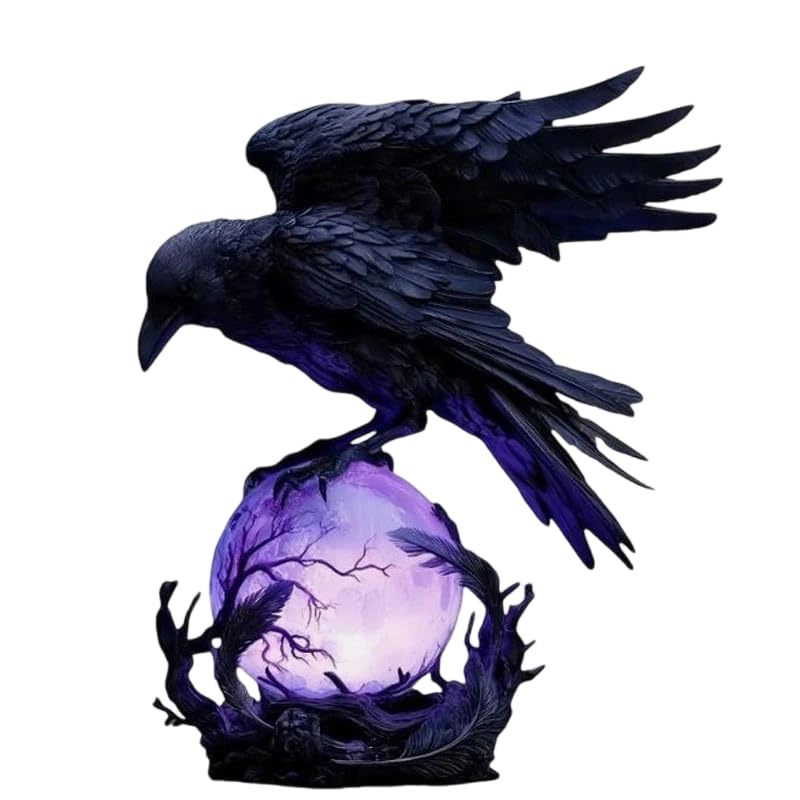 Glyntheum Violet Glow Raven LED Table Lamp, Gothic Crow Bird Desk Lamp with Bulb, Halloween Moonlight Decor for Bedside Bedroom Living Room (A)