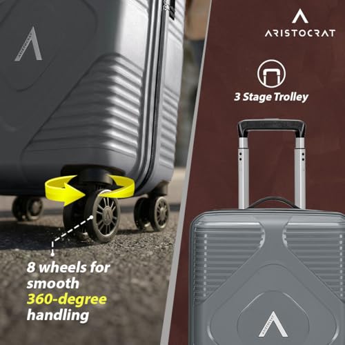 Image of Aristocrat Crystal Cabin Trolley Bag 55cm | Small Hard Luggage | 8-Wheel Suitcase for Travel | Combination Lock with Anti-Theft Zipper | Polypropylene | 3 Years International Warranty (Grey)