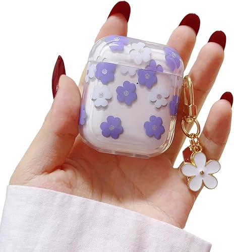 Funda para AirPods de 21 generación con llavero, bonita funda protectora para auriculares con flores moradas y flores, TPU suave y transparente para