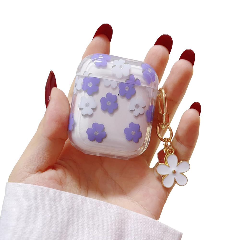Faneiy for AirPods 2nd/1st Gen Case with Keychain,Cute Clear Purple Flower Floral Protective Earphone Cover Case,Soft Transparent TPU for AirPods 2 1